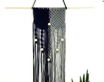 Navy blue and Grey Macrame Wall hanging, Boho wall art, wall decor, two-tone