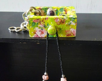 Decopage small jewellery box in green and pink