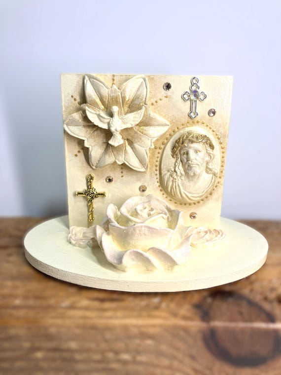 Handmade Holy Spirit and Jesus Intaglio Shelf Sitter