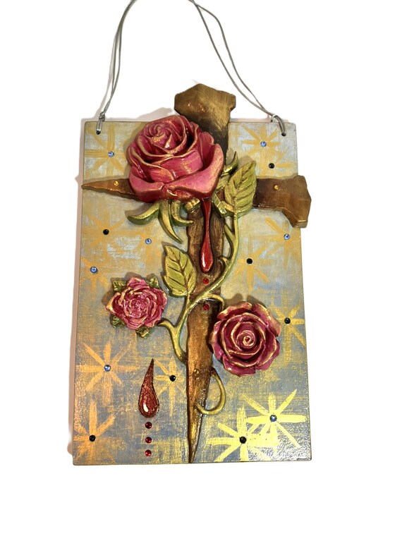 Large Handmade Hanging Plaque with Roses and Cross