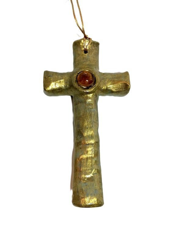 Handmade Hanging Gold Cross with Stone