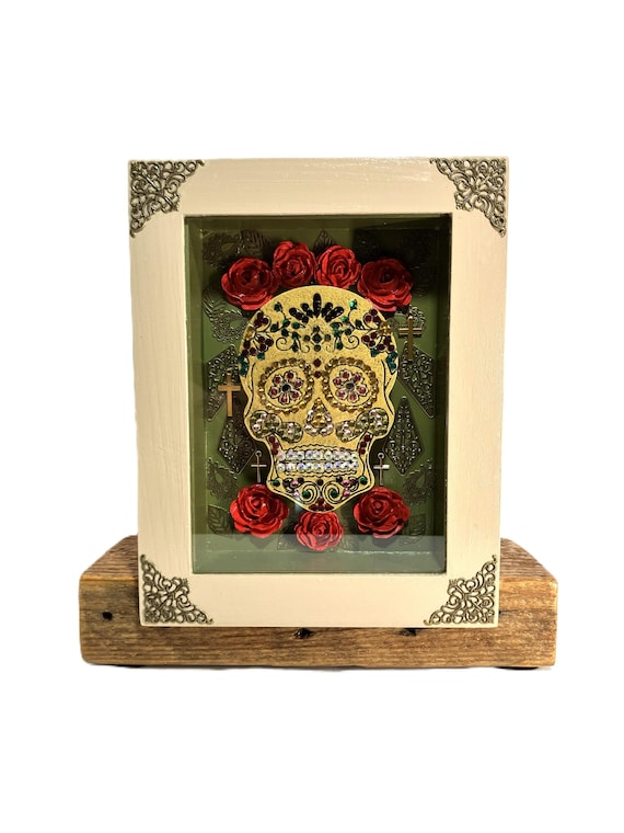 Handmade Sugar Skull in Large Wooden Shadow Box