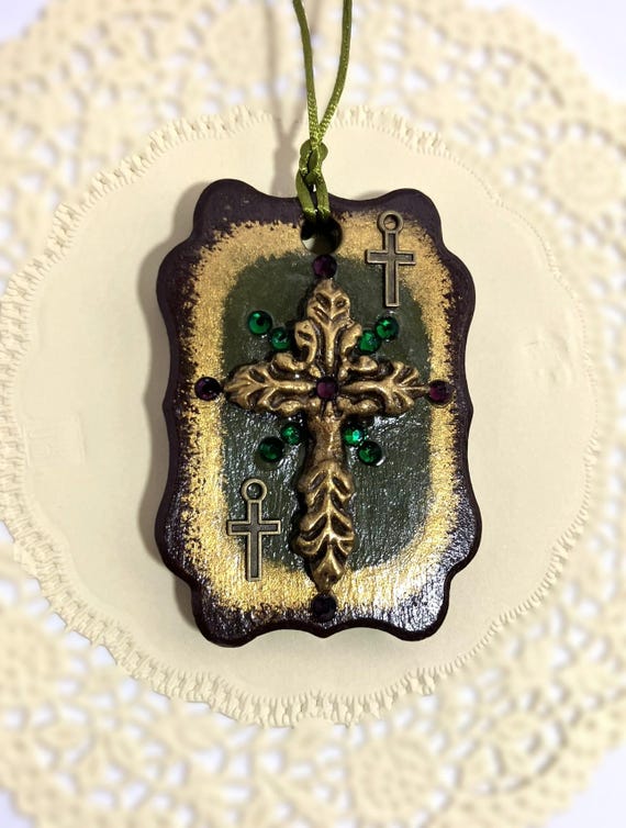 Handmade Hanging Rectangular Ornament with Cross