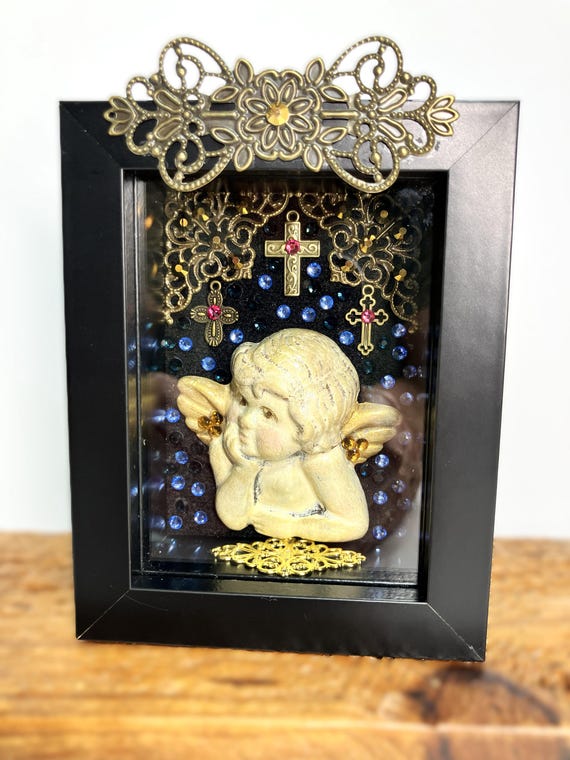 Handmade Cherub and Night Sky Shadow Box with Glass