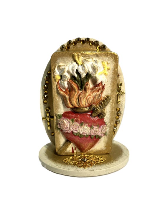 Handmade Flaming Sacred Heart Shelf Sitter