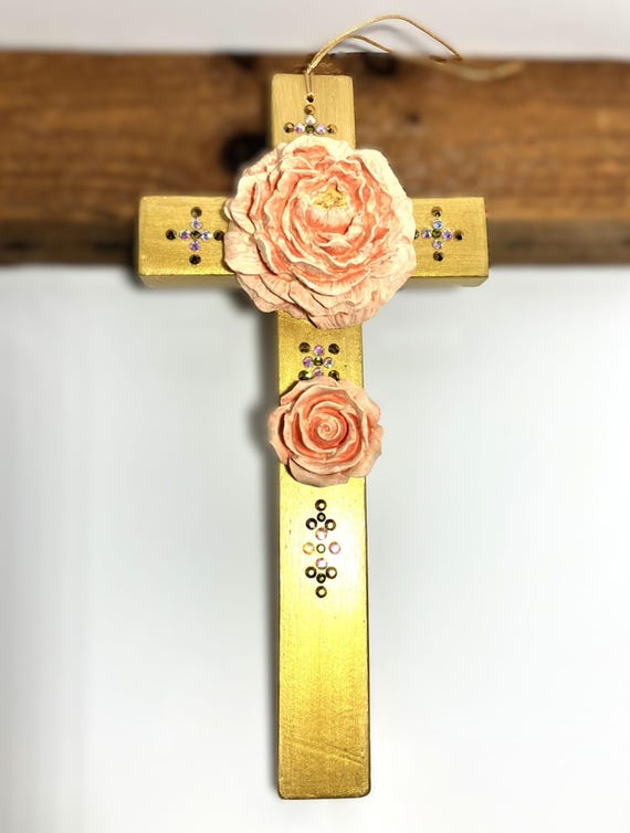 Large Handmade Hanging Cross with Applied Flower