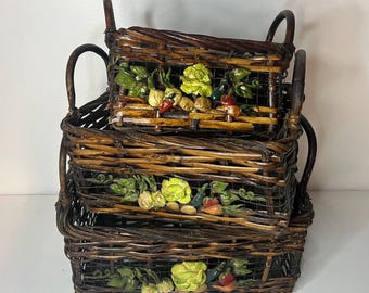 Vintage groentemandjes, stapelbare keukenmandjes, landelijke decoratie, groenten, primitieve folklore