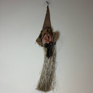 Vintage Folk Art Handmade Witch Head Primitive Halloween Decor Vintage Primitive Witch Decor, Folk Witch Hanging Head Wall Decor Vintage Hag