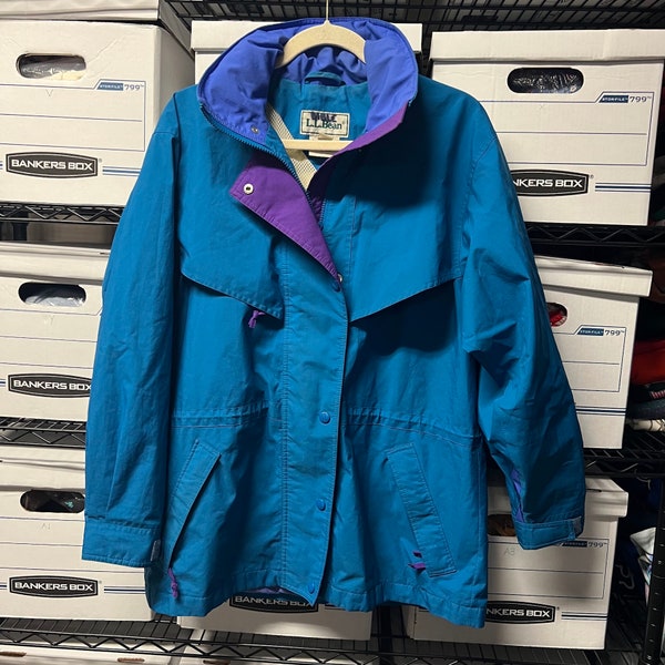 Vintage 1990s LL Bean Purple & Blue Color Block Windbreaker Hooded Jacket Coat, Vintage LL Bean Jacket, 90s LL Bean Color Block Jacket