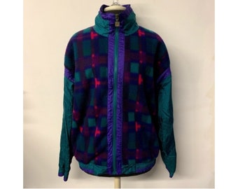 Vintage Plaid Fleece Zip Front Windbreaker Jacket, 90s Windbreaker Jacket, 90s Plaid Jacket, 90s Plaid Windbreaker Coat, Adult Size XL
