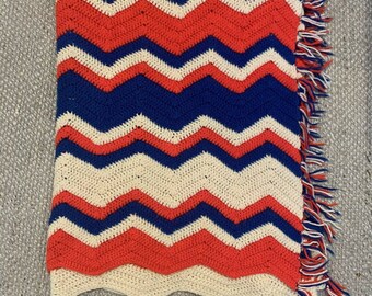Vintage Red White & Blue Chevron Blanket, Vintage Handmade Afghan Blanket, USA Blanket, Patriotic Blanket, Vintage July 4th America USA