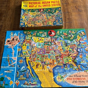 Vintage 1960s Jaymar Walt Disney USA United States 50 States Map Pictorial Puzzle, Vintage Disney Puzzle, 60s Disney Jigsaw Puzzle 1960s