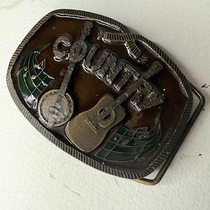Vintage Country-Music Messing Metall Gürtelschnalle Gitarre Banjo Indiana Metal Craft 1976, Vintage Country-Music Blet Buckle 1970er Jahre 70er Jahre Gürtelschnalle
