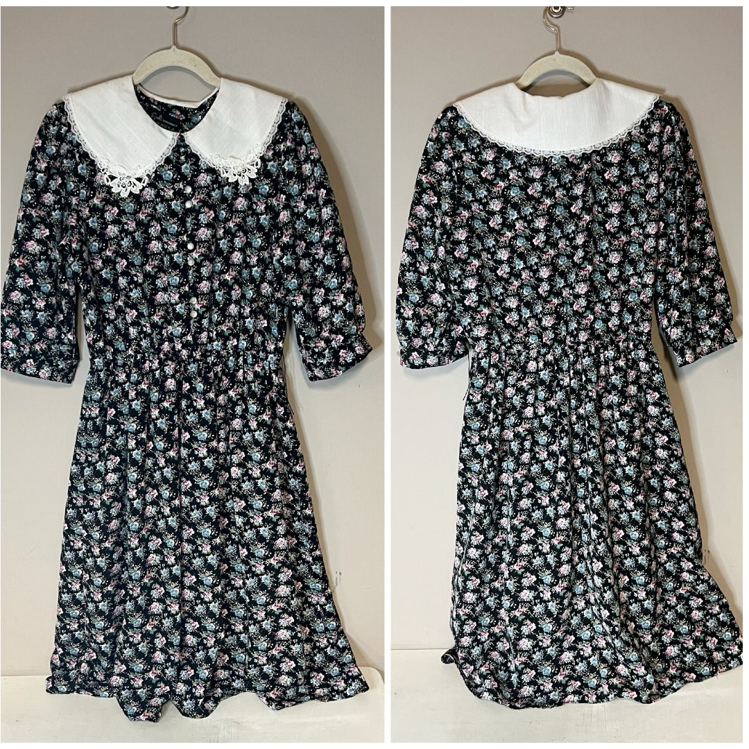 Vintage Peter Pan Collar Dark Floral Dress, Vintage Cottagecore Dress,  Vintage Prairie Dress, Vintage Primitive Dress, 80s Dress, 90s Dress