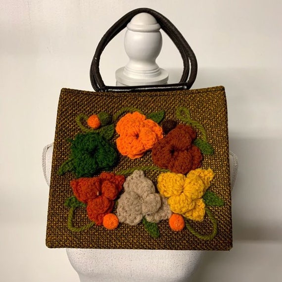 Vintage 70s Floral Boho Hippy Crochet Handbag, 70s