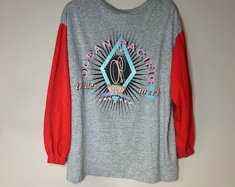 Vintage 1992 OP Ocean Pacific Graphic Long Sleeve T-Shirt, Vintage OP Surfing Shirt, 90s OP Shirt, 90s Ocean Pacific, Color Block, Large