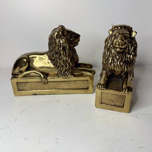Vintage A&M Leatherlines Gold Tone Solid Brass Lying Lions Bookends Set of 2, Vintage Lion Bookends Vintage Brass Lion Bookends Regal Office