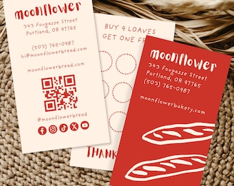 Artisan Bakery Business Card & Loyalty Card Template, Rustic Hand-drawn Bread Branding Kit (Canva Download) Portrait 2x3.5"