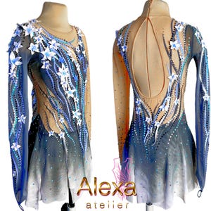 May include: A long-sleeved figure skating dress featuring a blue and white ombre mesh fabric with nude panels. The garment is adorned with white floral appliques, swirling lines of blue and silver crystals, and a large open back design.