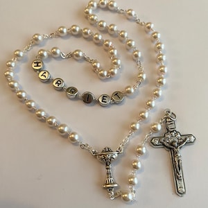 Personalised Pearl Communion Rosary (Palest Pink Glass Pearls)