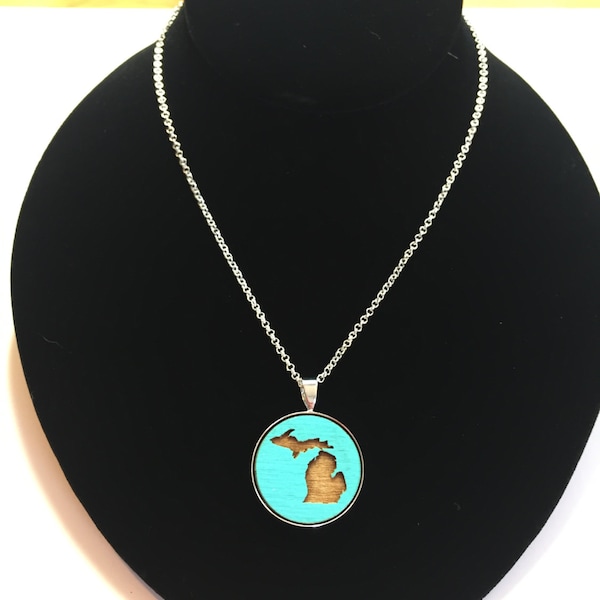 State of Michigan Necklace, Womens Jewelry, Ladies Jewelry, Wood Necklace, Aqua Necklace, Womens Necklace, Ladies Necklace, Girls Jewelry