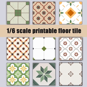 Puede incluir: Nueve baldosas cuadradas con varios patrones y colores, incluyendo diseños florales y geométricos. El texto "1/6 scale printable floor tile" se muestra en el centro. Las baldosas presentan colores como verde, beige, blanco y marrón.