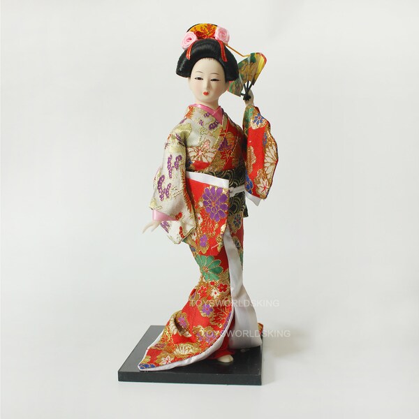 Poupée Japonaise Geisha Kabuki Avec Kimono et Éventail 30 cm 12 po Culture Asiatique Artisanat