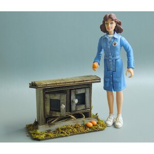 K&ouml;nnte beinhalten: Ein Miniatur-H&uuml;hnerstall aus Holz mit zwei T&uuml;ren und Drahtgitterfenstern. Eine Puppe in blauer Uniform steht neben dem Stall und h&auml;lt eine Orange. Zwei braune Eier liegen vor dem Stall.