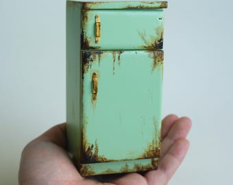 1/12 Scale Miniature Wooden Fridge: Rusty Dollhouse Diorama Model
