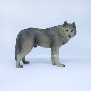 May include: A gray wolf figurine with a realistic design. The wolf is standing on all four legs with its head turned to the side. The figurine is made of a durable material and is perfect for collectors or animal lovers.