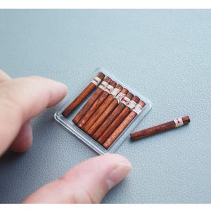 May include: A collection of miniature cigars in a clear plastic case, with one cigar separate. The cigars are brown with white and red bands. The image is taken on a gray surface.