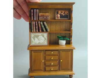 1/12 Scale Vintage Wooden Bookshelf Cabinet with Mini Books, Antique Dollhouse Furniture, Miniature Study Display, Retro Library Shelf Set