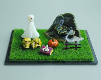 Diorama miniature fait main, terrarium d'Halloween avec têtes de mort et cercueil de citrouilles, décoration effrayante, ensemble de modèles d'horreur