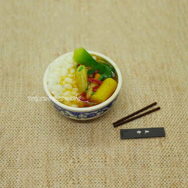 1/6 Scale Mini Chinese Food Sweetcorn Vegetable Rice Donburi Set With Chopsticks Model Mini Toys Set For 12 in Doll Diorama