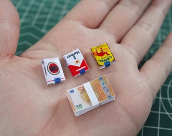 1:6 Scale Euro Cash Bundle with 3 Cigarette Packs Handmade Paper Model Set For 12"in Doll BJD