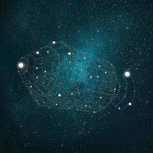 May include: A white line drawing of a spacecraft against a dark blue starry background.