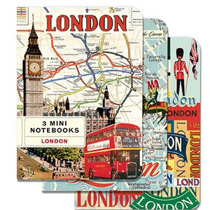 May include: A set of three mini notebooks with a London theme. The front cover of the notebook features a map of London with red and blue lines, a red double-decker bus, and the text "LONDON". The back cover of the notebook features a red, white, and blue design with the text "LONDON".