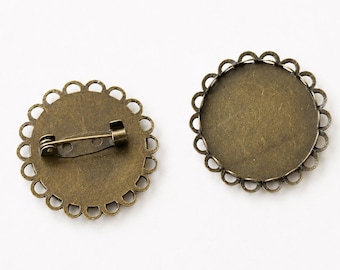 Bronze Double‑Scallop Brooch Backs – Cabochon Tray Pin Findings (Set of 4)