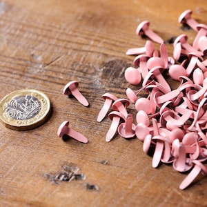 May include: A pile of pink metal brads on a wooden surface. The brads are about the size of a US quarter.