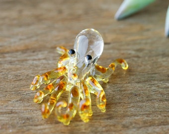 Yellow Glass Octopus Figurine, Handmade Sea Life Decor, Mini Collectable Gift