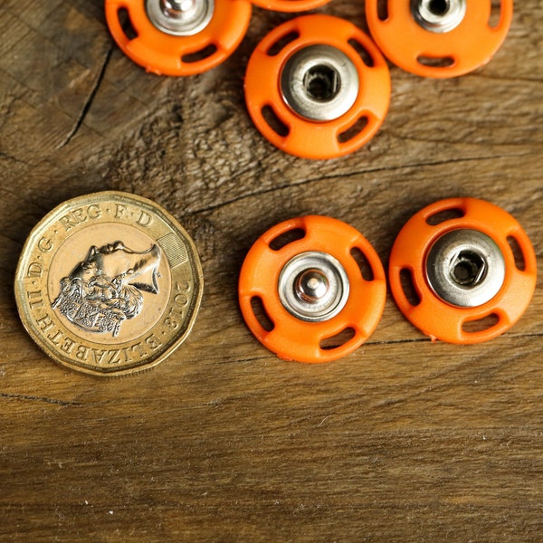 5 paires de boutons-pression orange à bouton-pression en métal, ronds 18 mm