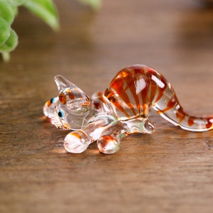 Handmade Clear Small Glass Ginger Stripy Cat Gloss  Decor Ornament Terrariums
