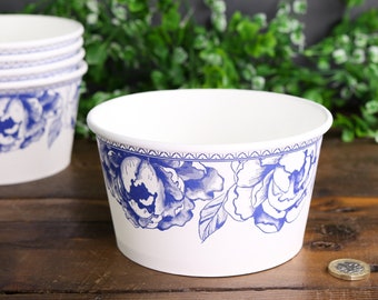 Set of 5 Paper Bowl Food Grade Shabby Chic Party Food Snack Round Delfts Blue and White Eco Friendly