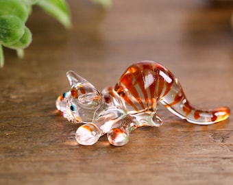 Handmade Clear Small Glass Ginger Stripy Cat Gloss  Decor Ornament Terrariums