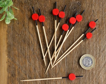 20 x Round Red Head Wooden Cocktail Stick Black Party Picks Food Decor Skewer