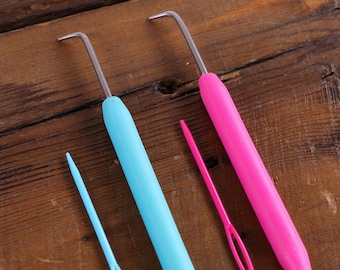 Juego de agujas y ganchos para telar de punto: rosa fucsia o turquesa.