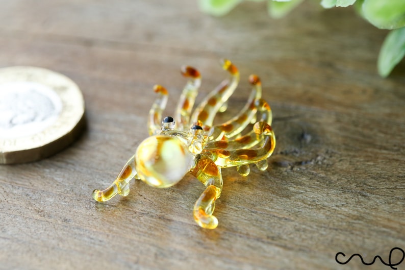 Pu&ograve; includere: Una piccola statuina di polpo in vetro di colore giallo e marrone. Il polpo ha otto tentacoli e occhi neri.