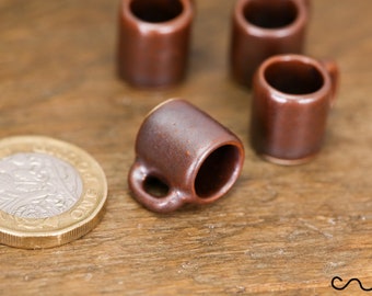 Set of 4 Mini Brown Ceramic Mugs – 1:12 Scale Dollhouse Kitchen