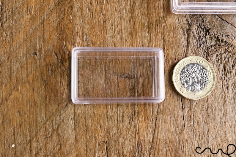 May include: A clear, rectangular plastic coin holder next to a British one-pound coin. The coin features a detailed design and is made of gold and silver-colored metal. The holder is empty and sits on a wooden surface.
