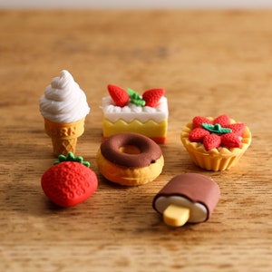 6 x Borradores de comida Goma de comida Borrador Iwako Pastel de pudín del desierto japonés Novedad Bolsa de fiesta Rellenos de calcetín de regalo Papelería de rompecabezas 3D